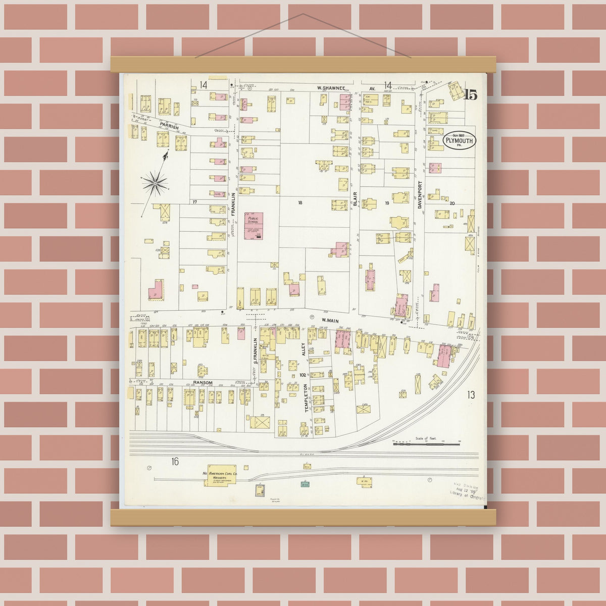 Old map wall art mockup — magnetic wood frame on brick wall — Sanborn Fire Insurance Map from Plymouth, Luzerne County, Pennsylvania (1907), Sheet #0015