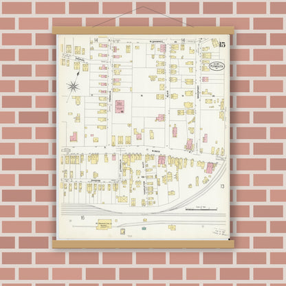 Old map wall art mockup — magnetic wood frame on brick wall — Sanborn Fire Insurance Map from Plymouth, Luzerne County, Pennsylvania (1907), Sheet #0015
