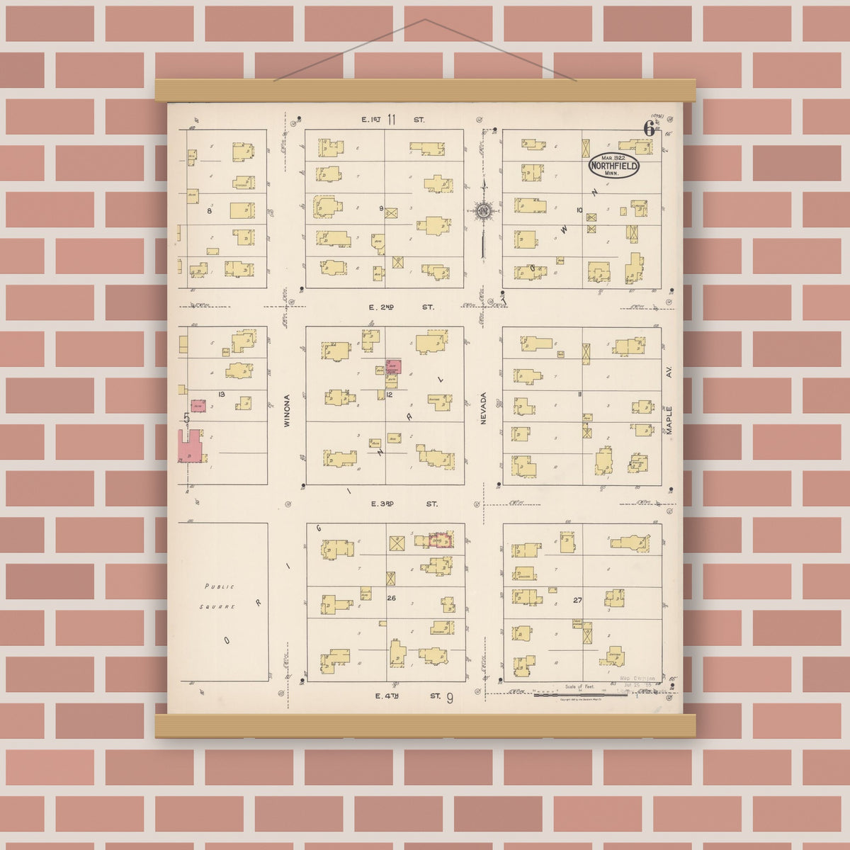Old map wall art mockup — magnetic wood frame on brick wall — Sanborn Fire Insurance Map from Northfield, Rice County, Minnesota (1922), Sheet #0006