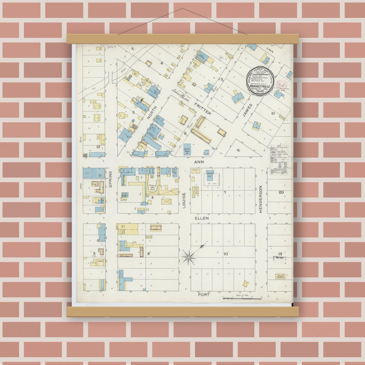 Old map wall art mockup — magnetic wood frame on brick wall — Sanborn Fire Insurance Map from Brackettville, Kinney County, Texas (1894), Sheet #0001