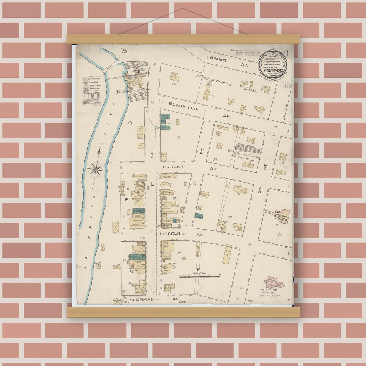 Old map wall art mockup — magnetic wood frame on brick wall — Sanborn Fire Insurance Map from Montevideo, Chippewa County, Minnesota (1885), Sheet #0001