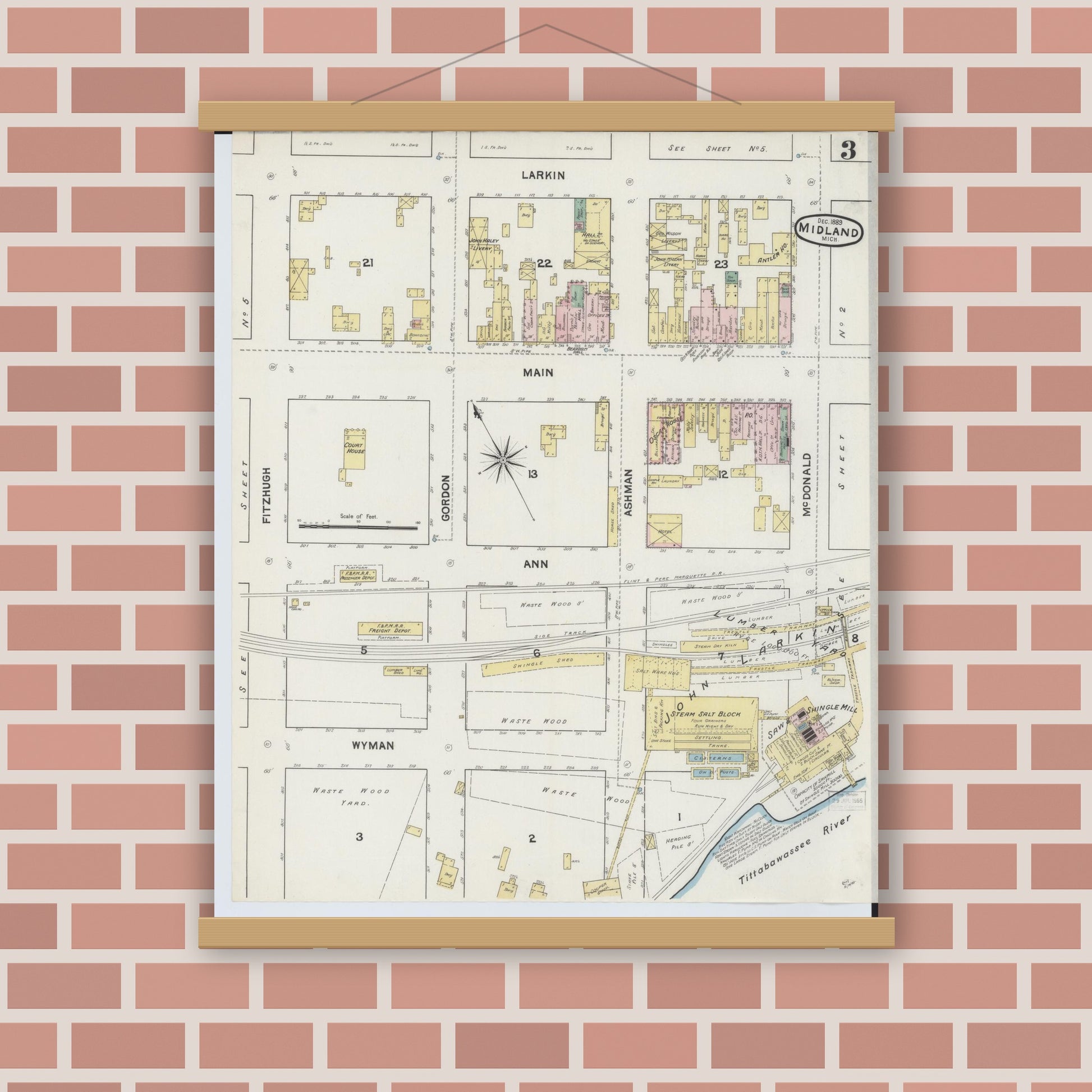 Old map wall art mockup — magnetic wood frame on brick wall — Sanborn Fire Insurance Map from Midland, Midland County, Michigan (1889), Sheet #0003