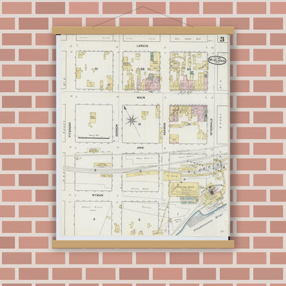 Old map wall art mockup — magnetic wood frame on brick wall — Sanborn Fire Insurance Map from Midland, Midland County, Michigan (1889), Sheet #0003