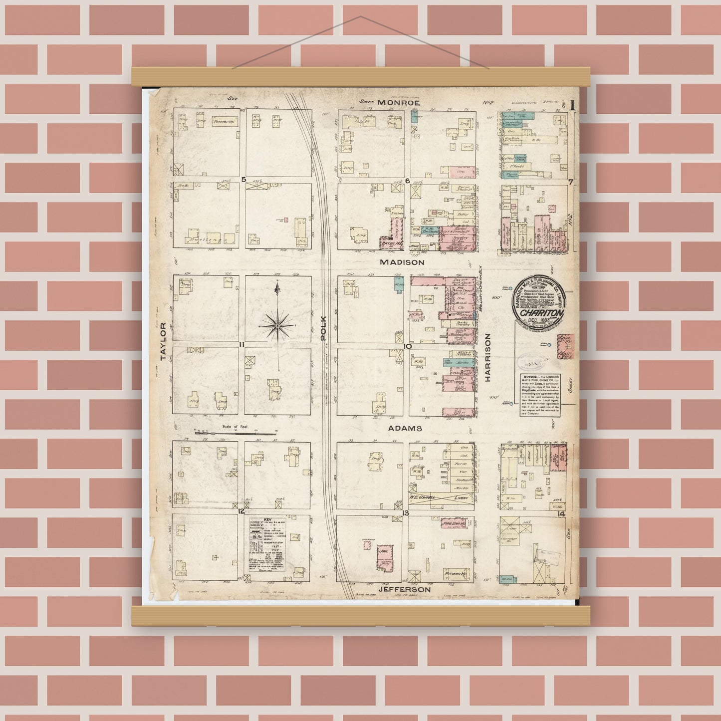 Old map wall art mockup — magnetic wood frame on brick wall — Sanborn Fire Insurance Map from Chariton, Lucas County, Iowa (1883) â€” Complete Set