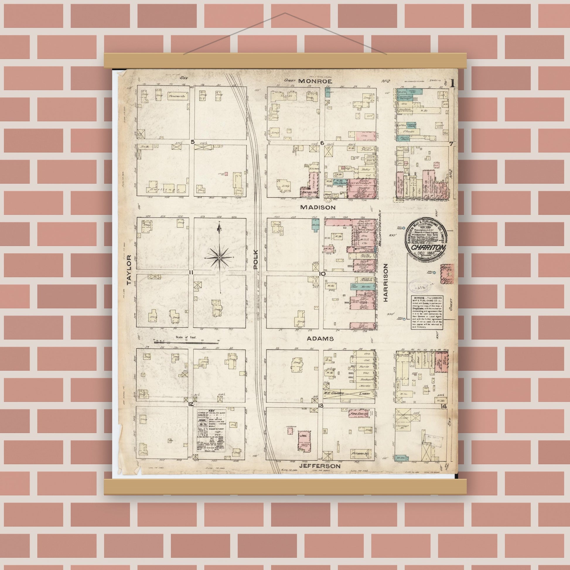 Old map wall art mockup — magnetic wood frame on brick wall — Sanborn Fire Insurance Map from Chariton, Lucas County, Iowa (1883) â€” Complete Set