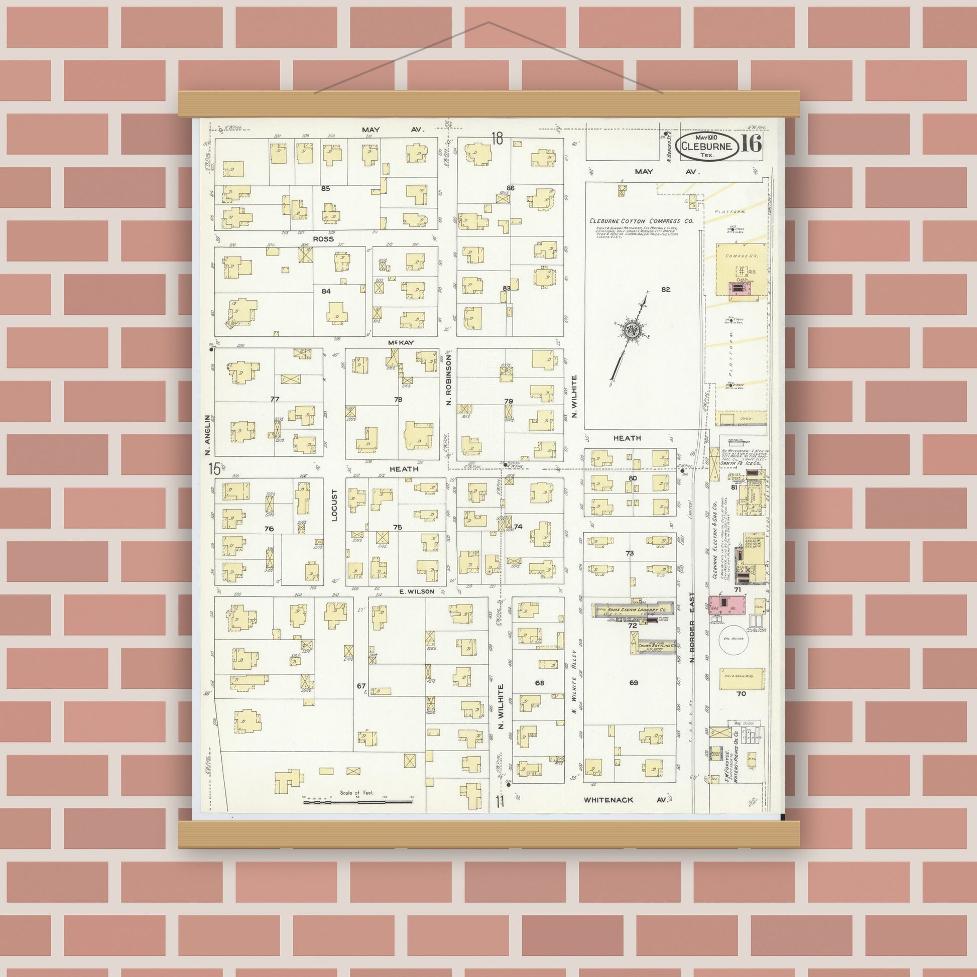 Old map wall art mockup — magnetic wood frame on brick wall — Sanborn Fire Insurance Map from Cleburne, Johnson County, Texas (1910), Sheet #0016
