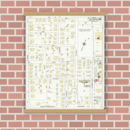 Old map wall art mockup — magnetic wood frame on brick wall — Sanborn Fire Insurance Map from Cleburne, Johnson County, Texas (1910), Sheet #0016