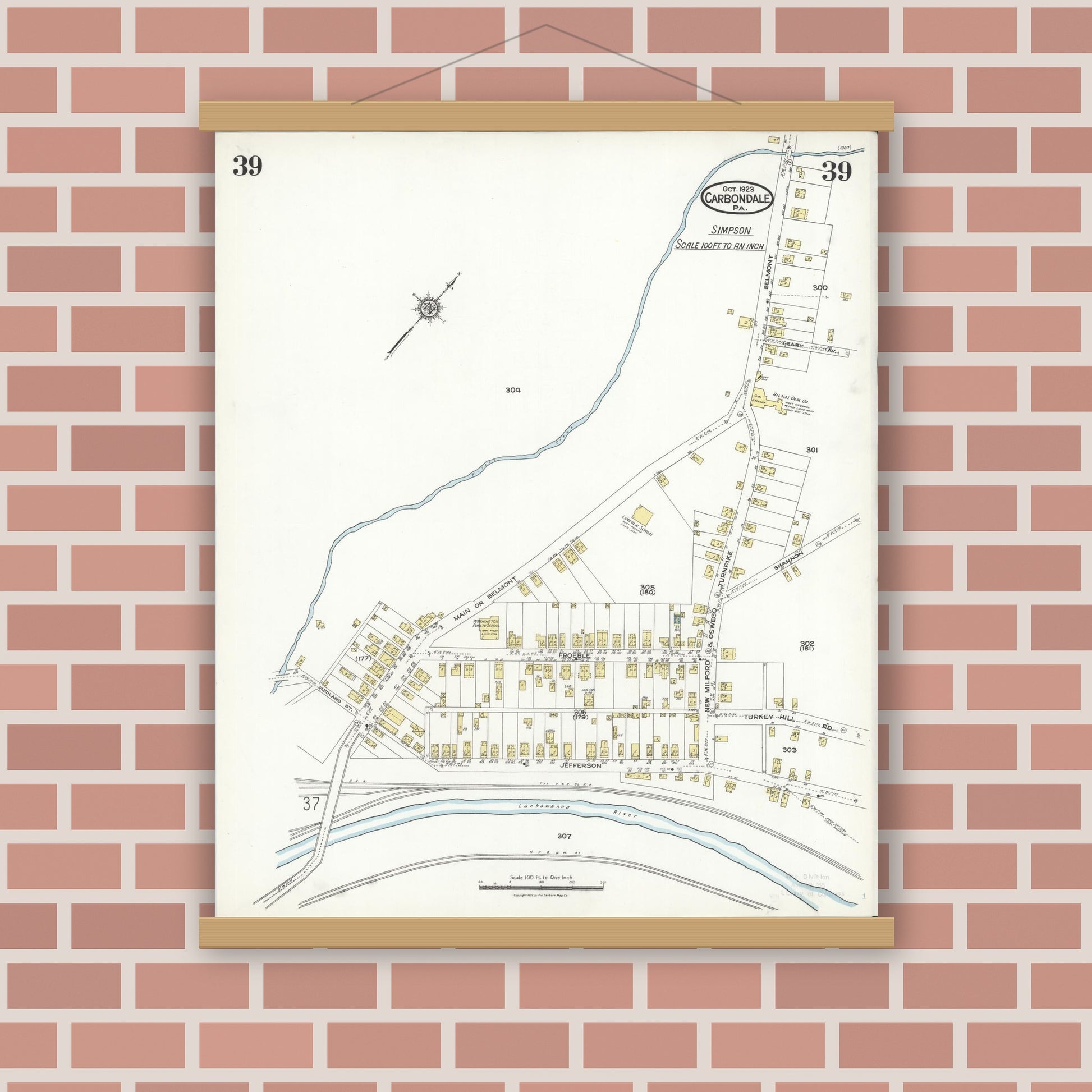 Old map wall art mockup — magnetic wood frame on brick wall — Sanborn Fire Insurance Map from Carbondale, Lackawanna County, Pennsylvania (1923), Sheet #0039