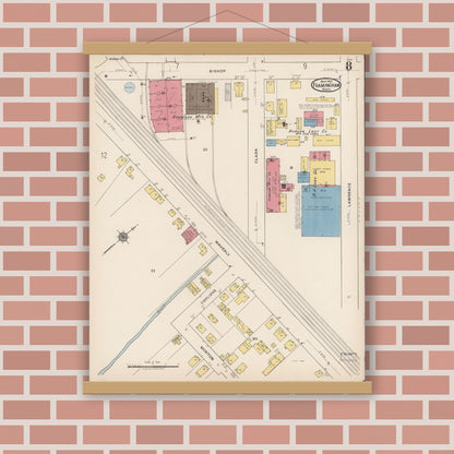 Old map wall art mockup — magnetic wood frame on brick wall — Sanborn Fire Insurance Map from Framingham, Middlesex County, Massachusetts (1922), Sheet #0008