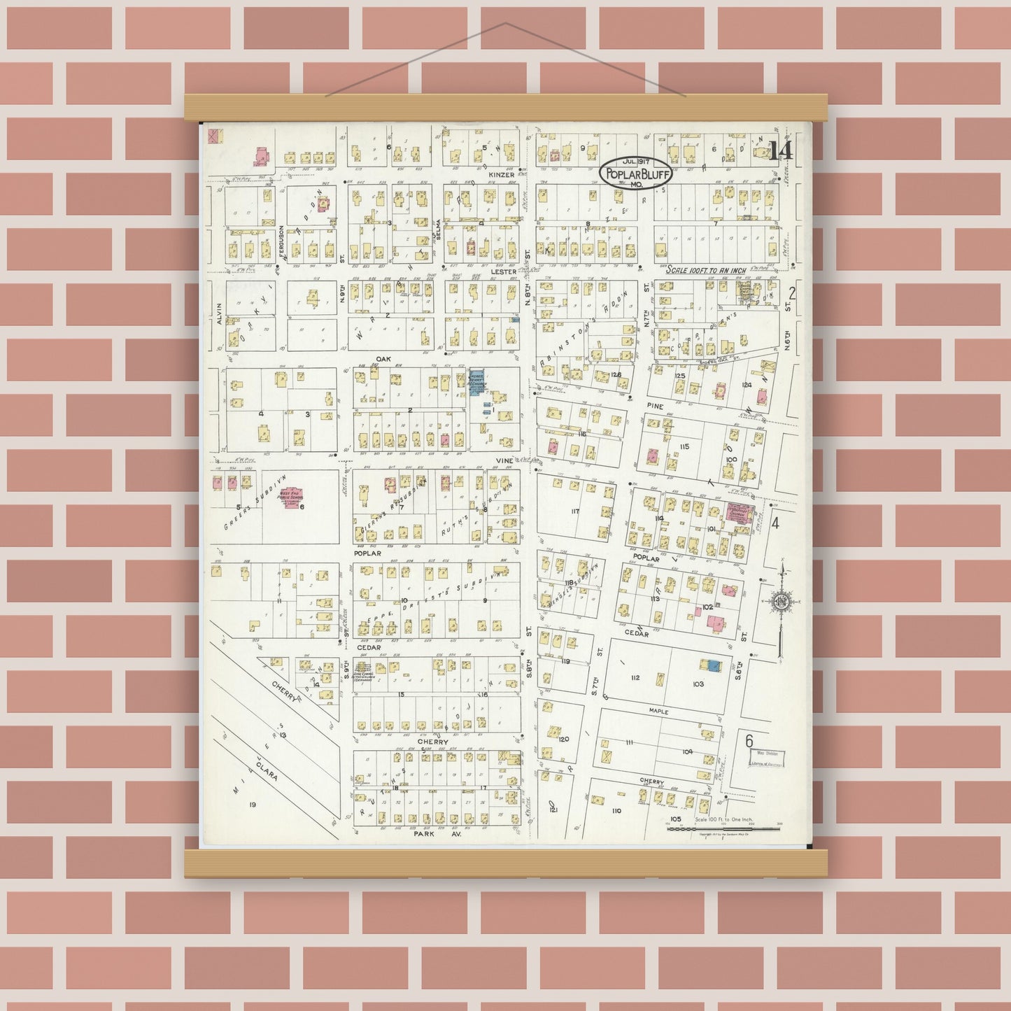 Old map wall art mockup — magnetic wood frame on brick wall — Sanborn Fire Insurance Map from Poplar Bluff, Butler County, Missouri (1917), Sheet #0014