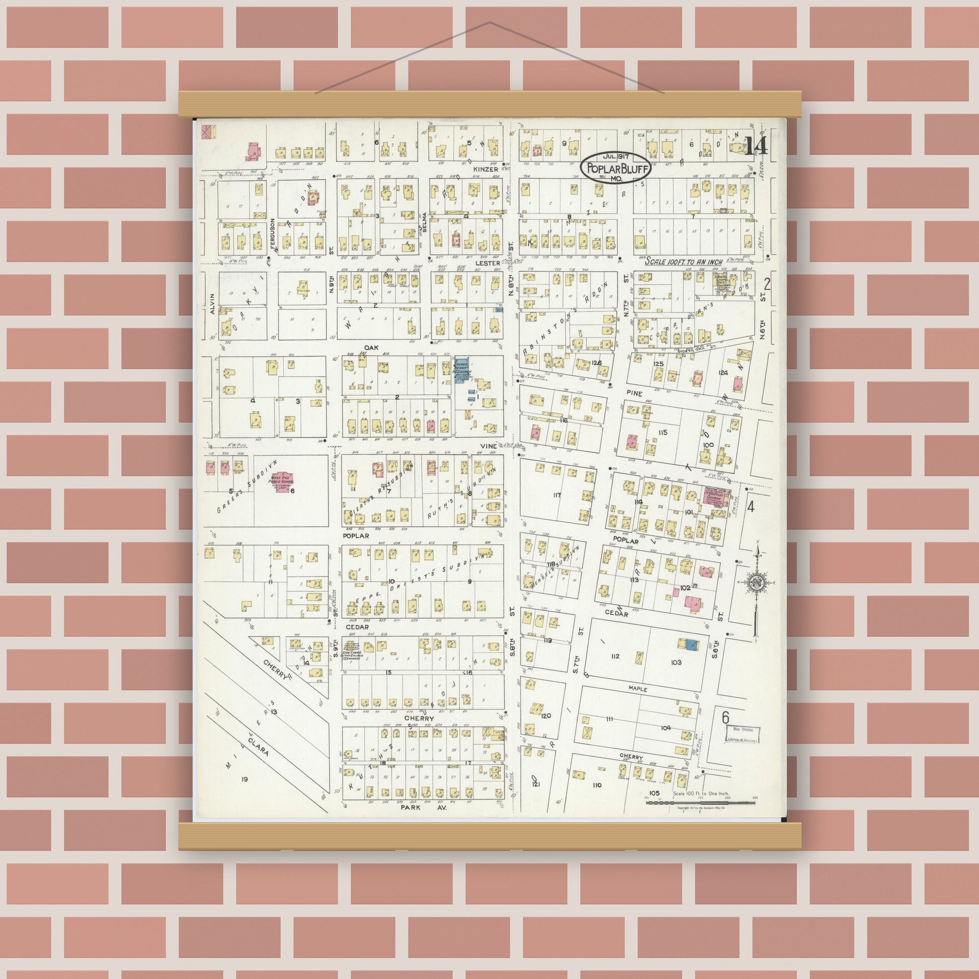Old map wall art mockup — magnetic wood frame on brick wall — Sanborn Fire Insurance Map from Poplar Bluff, Butler County, Missouri (1917), Sheet #0014