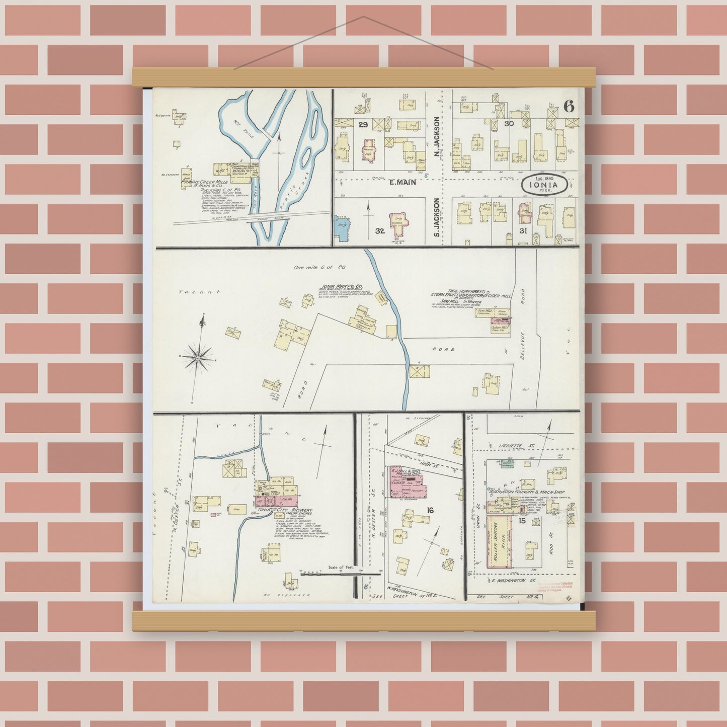 Old map wall art mockup — magnetic wood frame on brick wall — Sanborn Fire Insurance Map from Ionia, Ionia County, Michigan (1890), Sheet #0006
