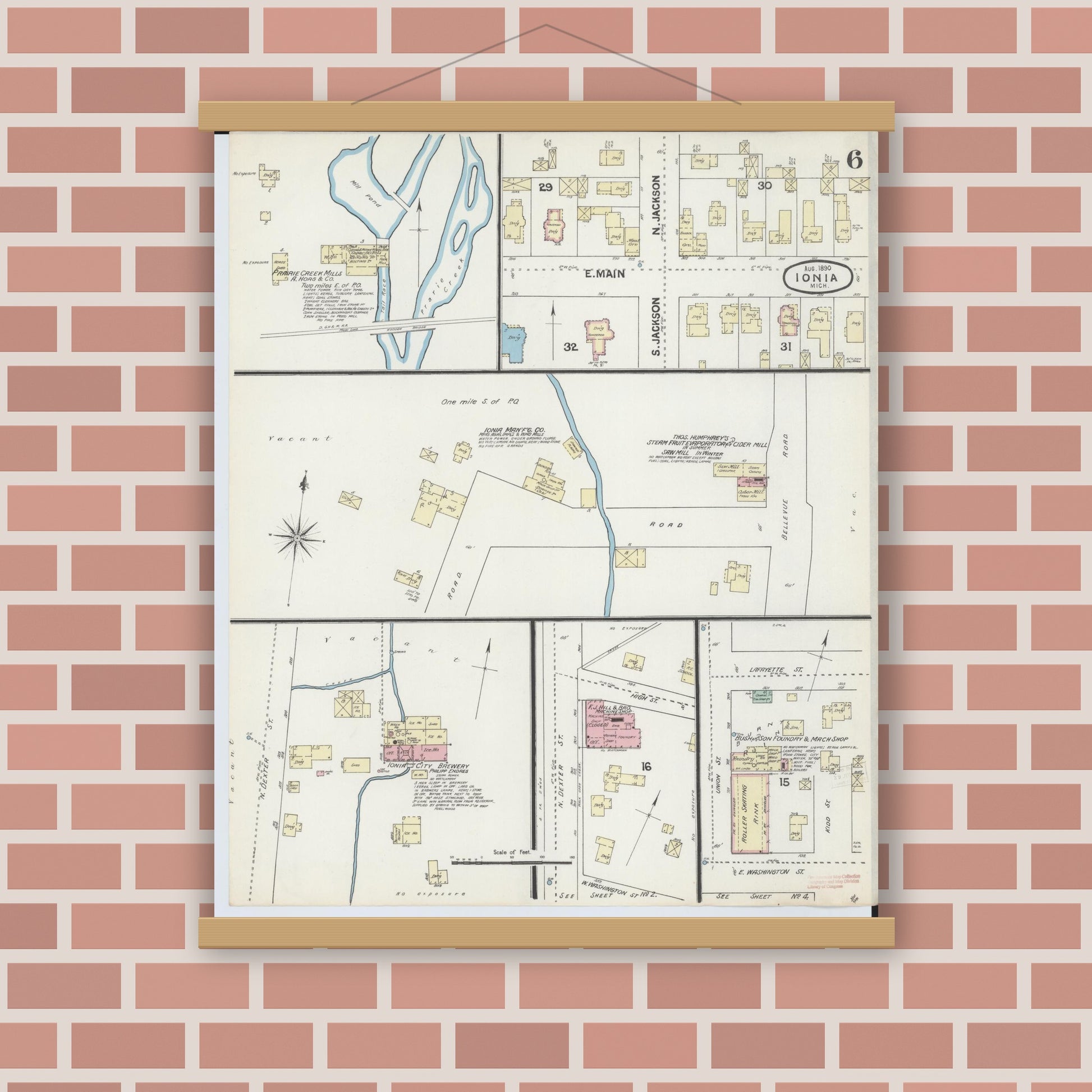 Old map wall art mockup — magnetic wood frame on brick wall — Sanborn Fire Insurance Map from Ionia, Ionia County, Michigan (1890), Sheet #0006
