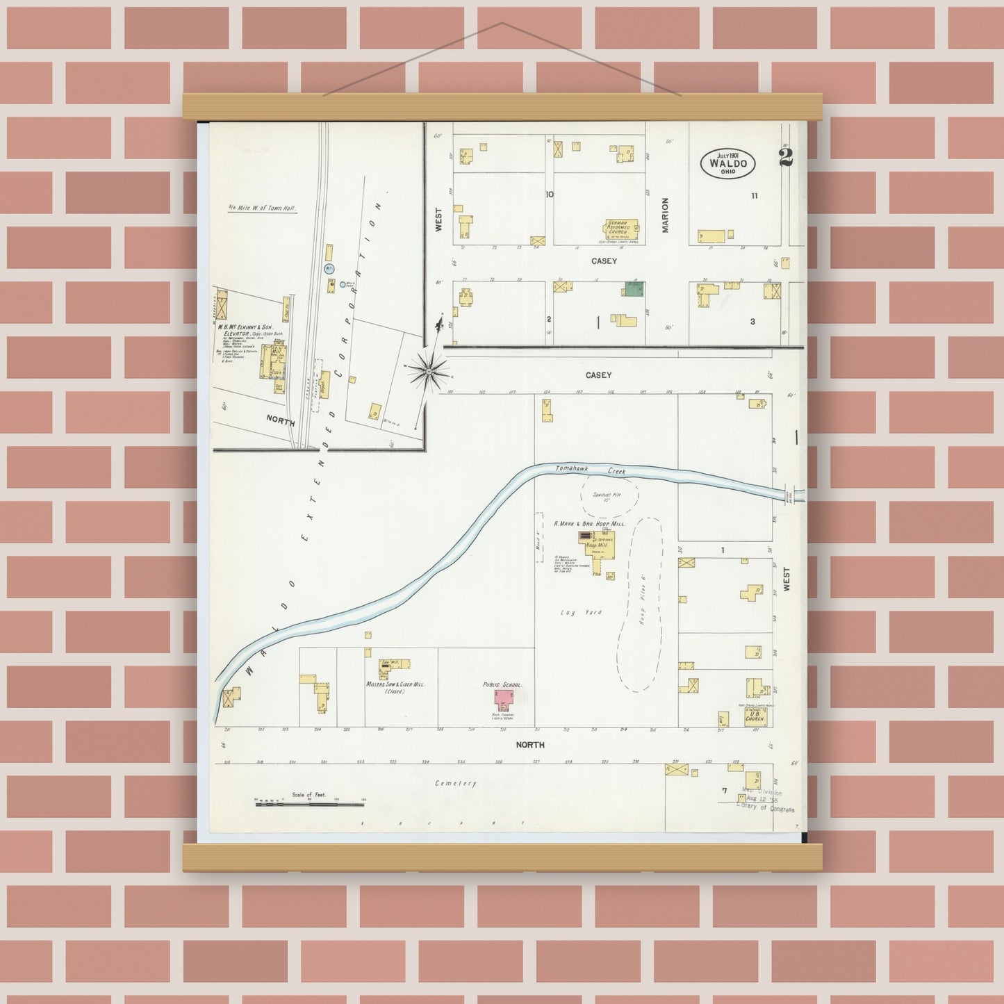 Old map wall art mockup — magnetic wood frame on brick wall — Sanborn Fire Insurance Map from Waldo, Marion County, Ohio (1901), Sheet #0002
