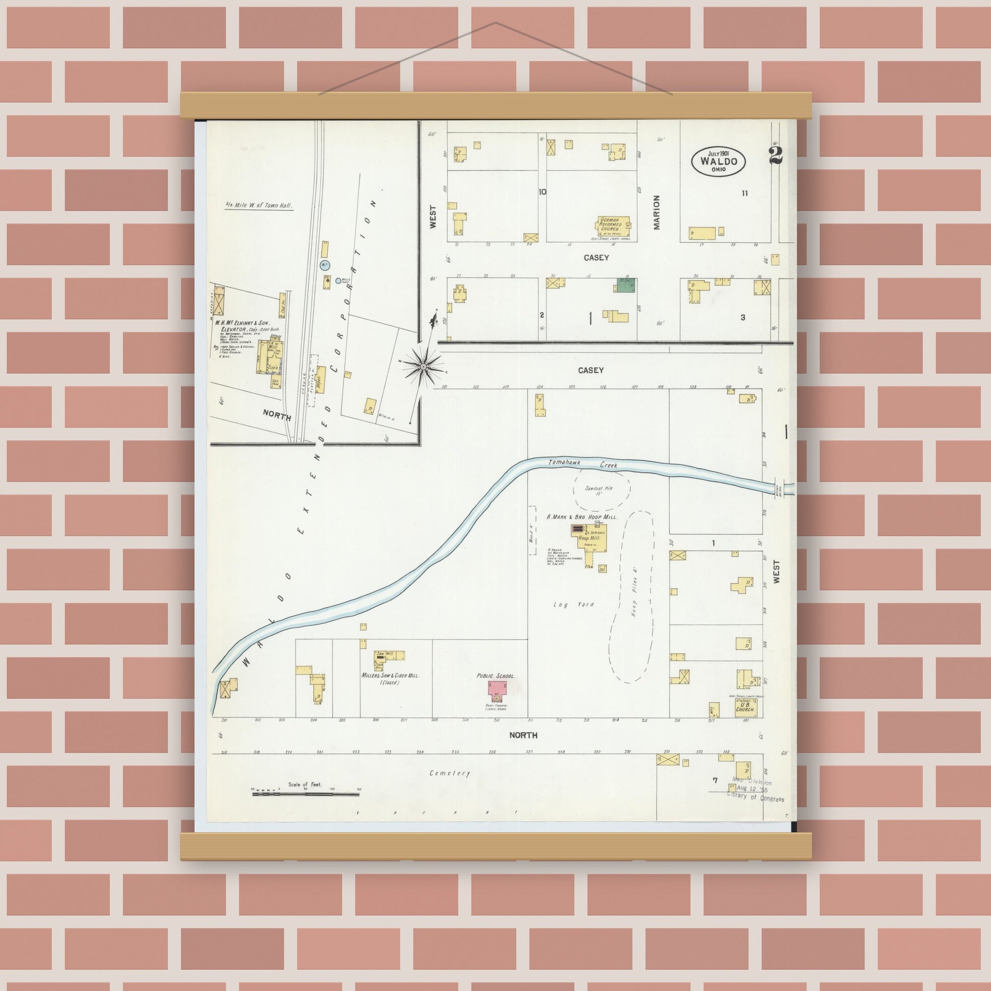 Old map wall art mockup — magnetic wood frame on brick wall — Sanborn Fire Insurance Map from Waldo, Marion County, Ohio (1901), Sheet #0002