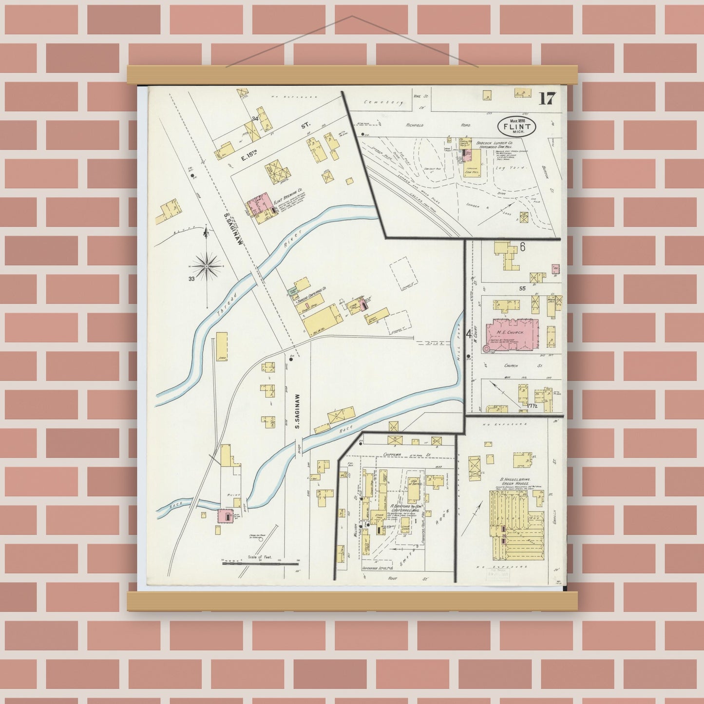 Old map wall art mockup — magnetic wood frame on brick wall — Sanborn Fire Insurance Map from Flint, Genesee County, Michigan (1898), Sheet #0017