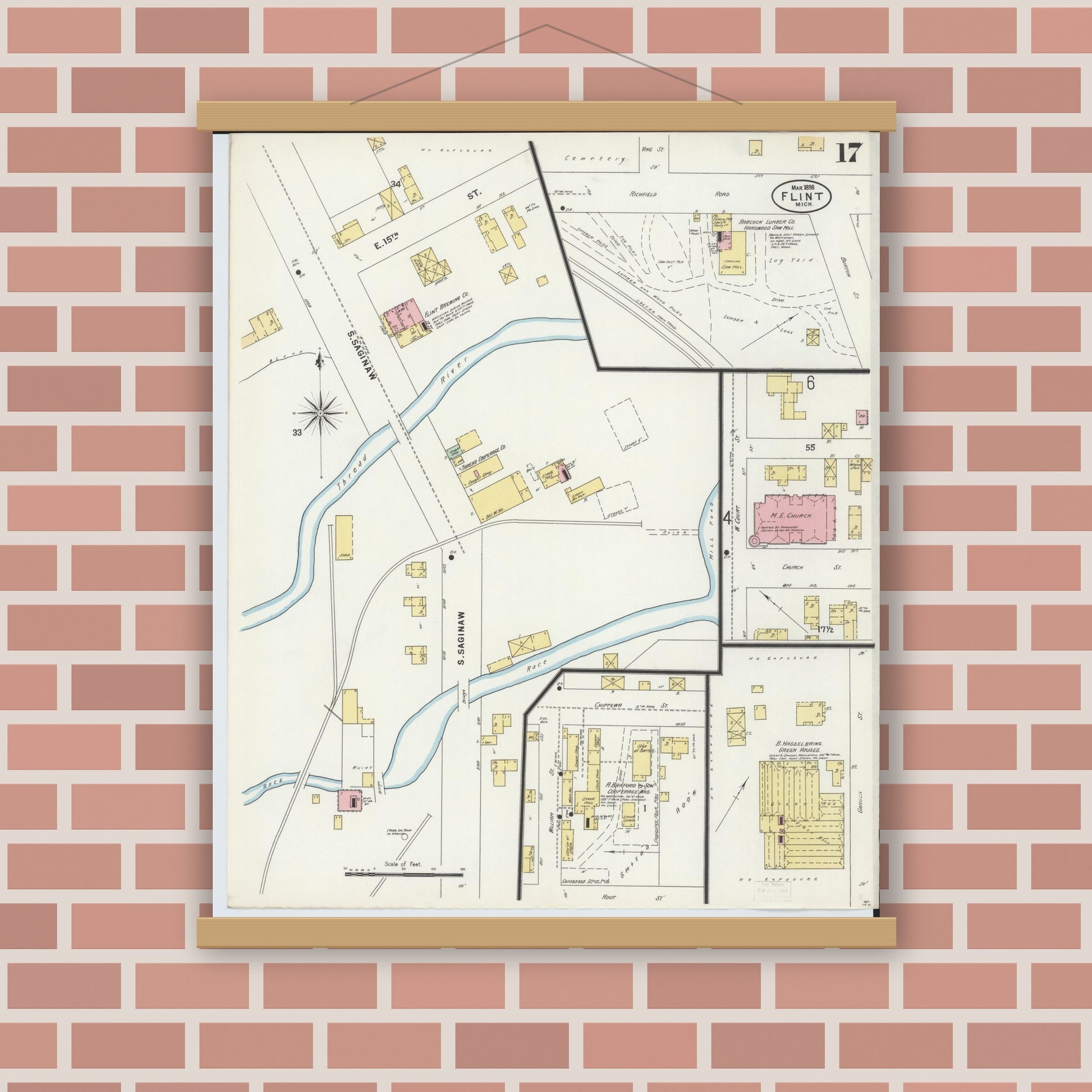 Old map wall art mockup — magnetic wood frame on brick wall — Sanborn Fire Insurance Map from Flint, Genesee County, Michigan (1898), Sheet #0017