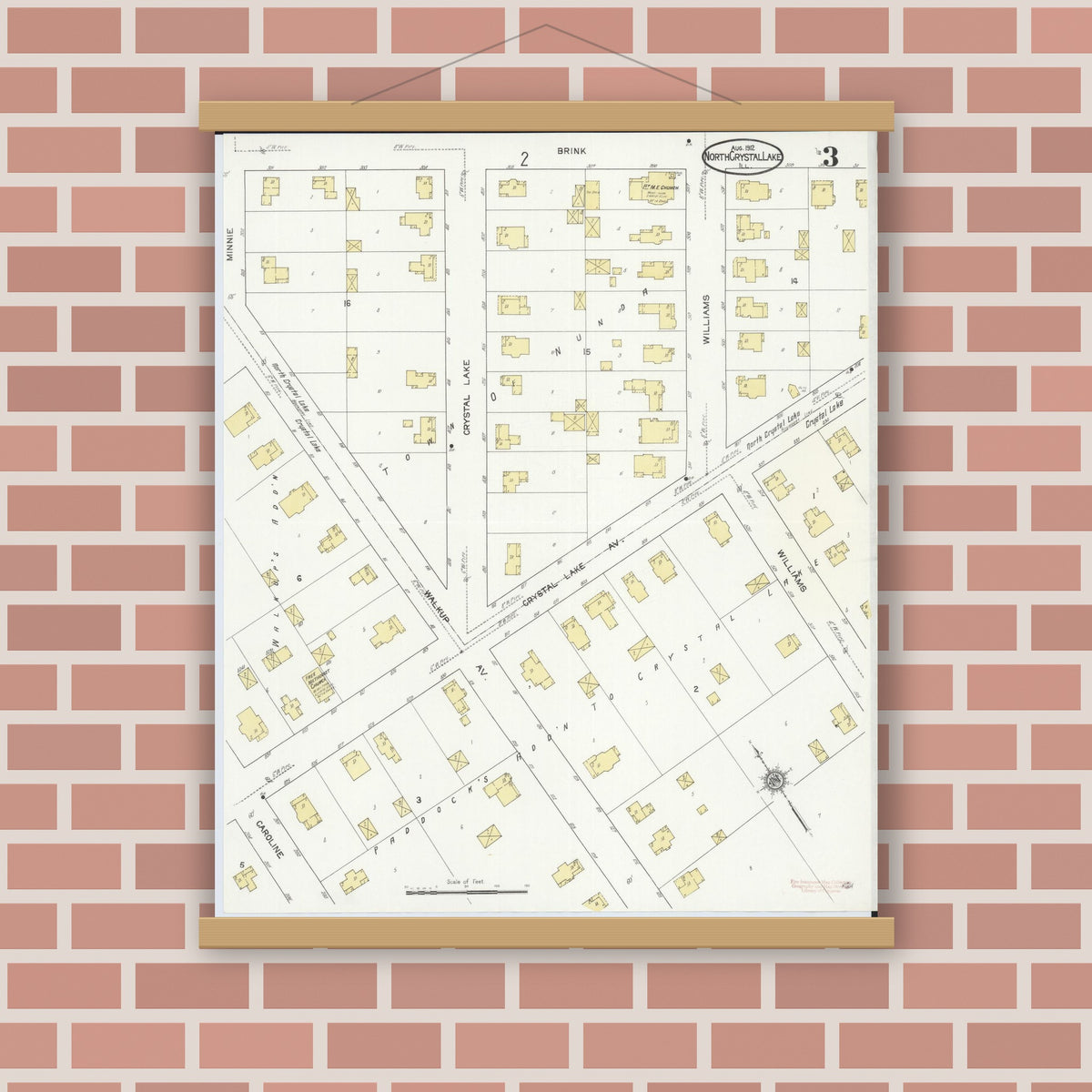 Old map wall art mockup — magnetic wood frame on brick wall — Sanborn Fire Insurance Map from North Crystal Lake, McHenry County, Illinois (1912), Sheet #0003
