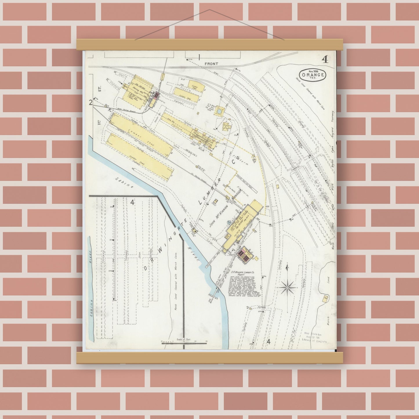 Old map wall art mockup — magnetic wood frame on brick wall — Sanborn Fire Insurance Map from Orange, Orange County, Texas (1896), Sheet #0004