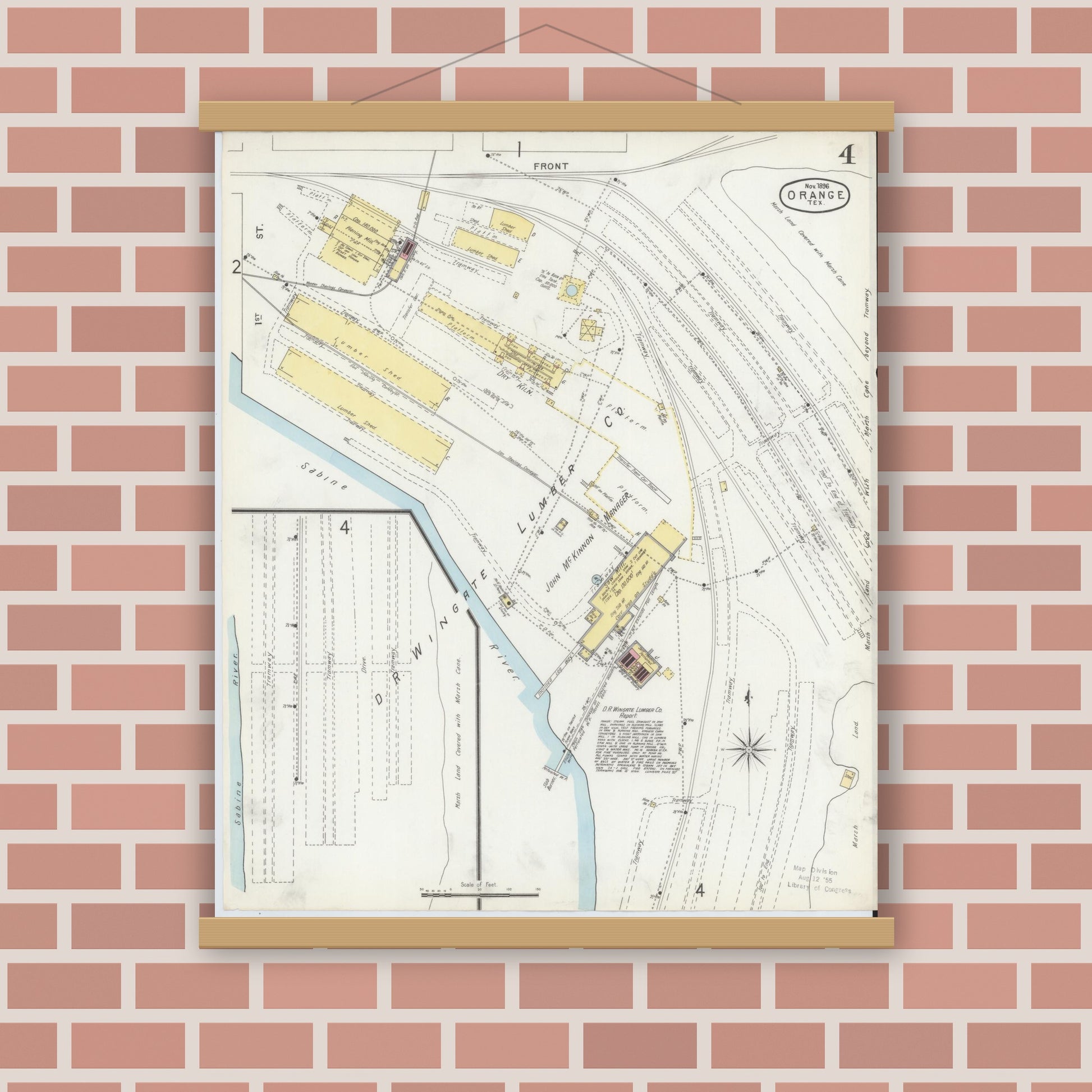 Old map wall art mockup — magnetic wood frame on brick wall — Sanborn Fire Insurance Map from Orange, Orange County, Texas (1896), Sheet #0004