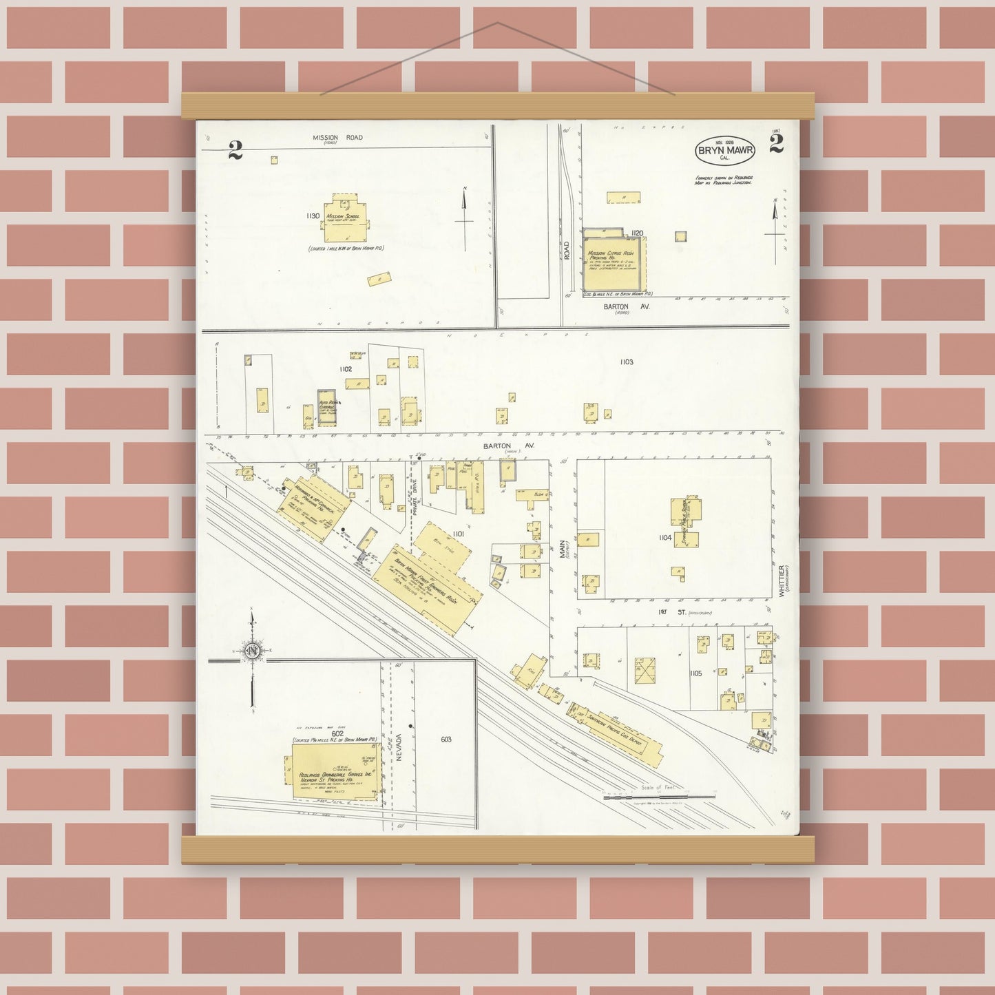 Old map wall art mockup — magnetic wood frame on brick wall — Sanborn Fire Insurance Map from Bryn Mawr, San Bernardino County, California (1928), Sheet #0002