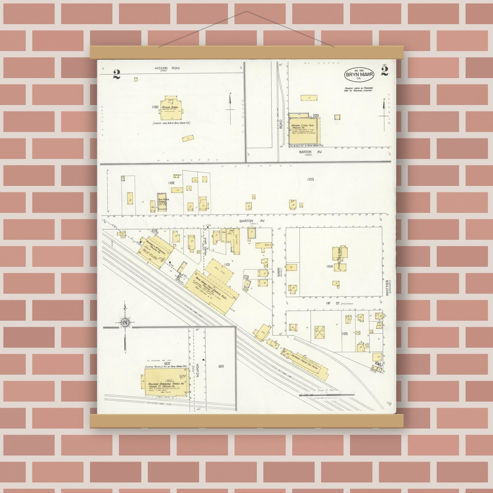 Old map wall art mockup — magnetic wood frame on brick wall — Sanborn Fire Insurance Map from Bryn Mawr, San Bernardino County, California (1928), Sheet #0002