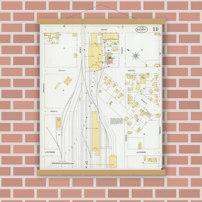 Old map wall art mockup — magnetic wood frame on brick wall — Sanborn Fire Insurance Map from Beaumont, Jefferson County, Texas (1899), Sheet #0011