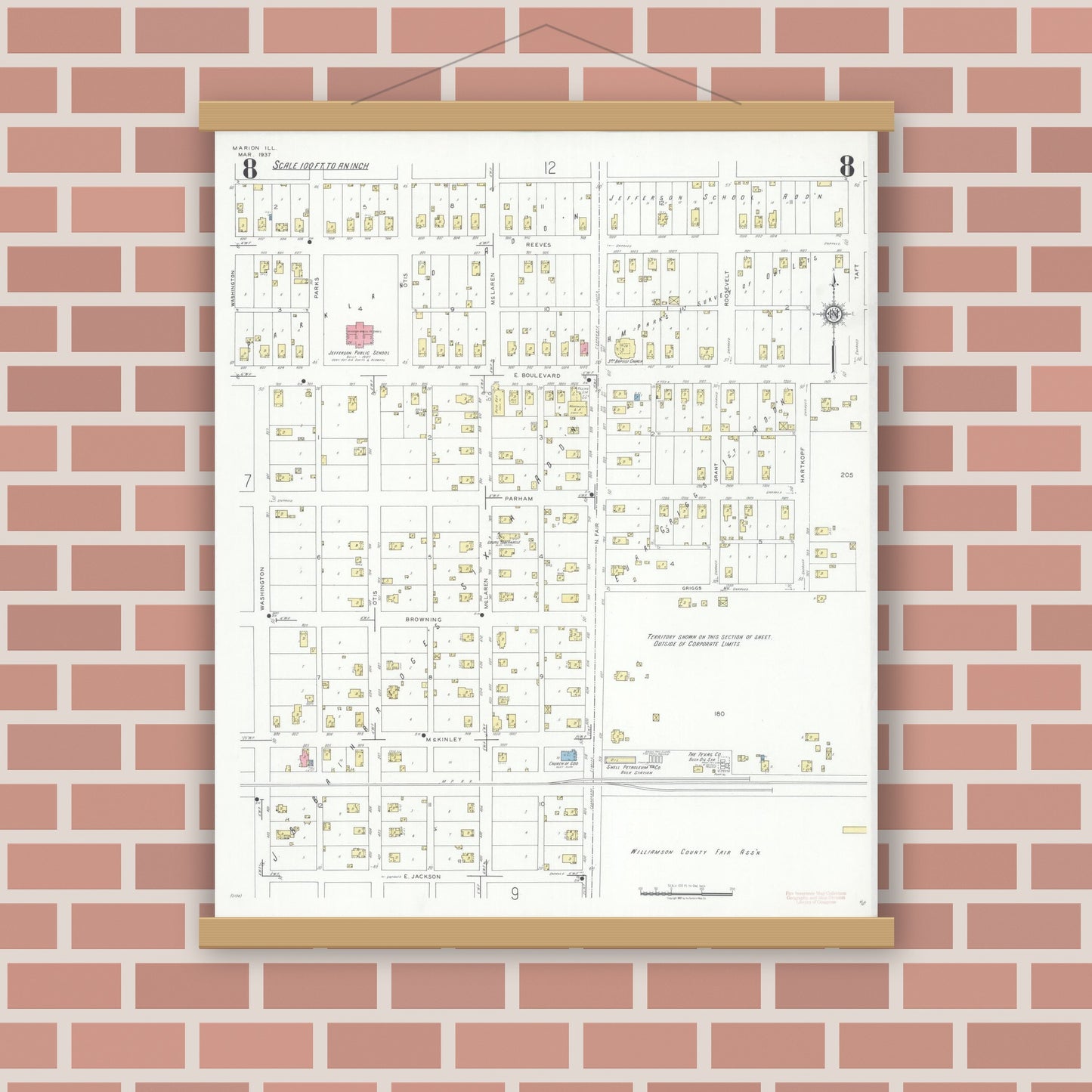 Old map wall art mockup — magnetic wood frame on brick wall — Sanborn Fire Insurance Map from Marion, Williamson County, Illinois (1937), Sheet #0008