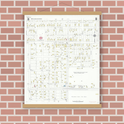 Old map wall art mockup — magnetic wood frame on brick wall — Sanborn Fire Insurance Map from Marion, Williamson County, Illinois (1937), Sheet #0008
