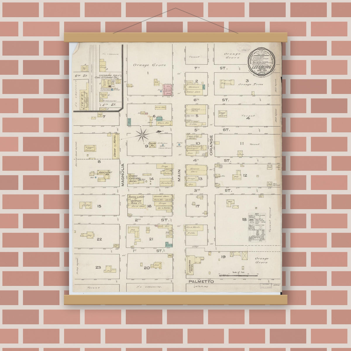 Old map wall art mockup — magnetic wood frame on brick wall — Sanborn Fire Insurance Map from Leesburg, Lake County, Florida (1885), Sheet #0001