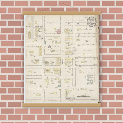 Old map wall art mockup — magnetic wood frame on brick wall — Sanborn Fire Insurance Map from Leesburg, Lake County, Florida (1885), Sheet #0001