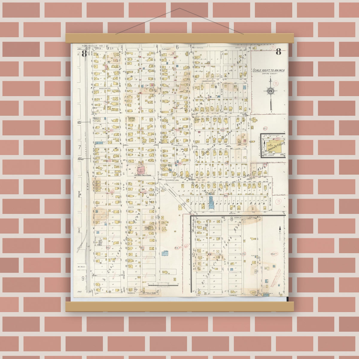 Old map wall art mockup — magnetic wood frame on brick wall — Sanborn Fire Insurance Map from Noblesville, Hamilton County, Indiana (1947), Sheet #0008