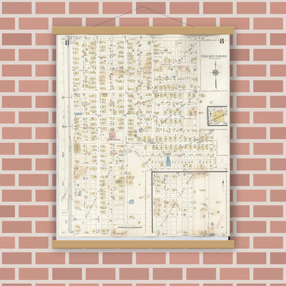 Old map wall art mockup — magnetic wood frame on brick wall — Sanborn Fire Insurance Map from Noblesville, Hamilton County, Indiana (1947), Sheet #0008