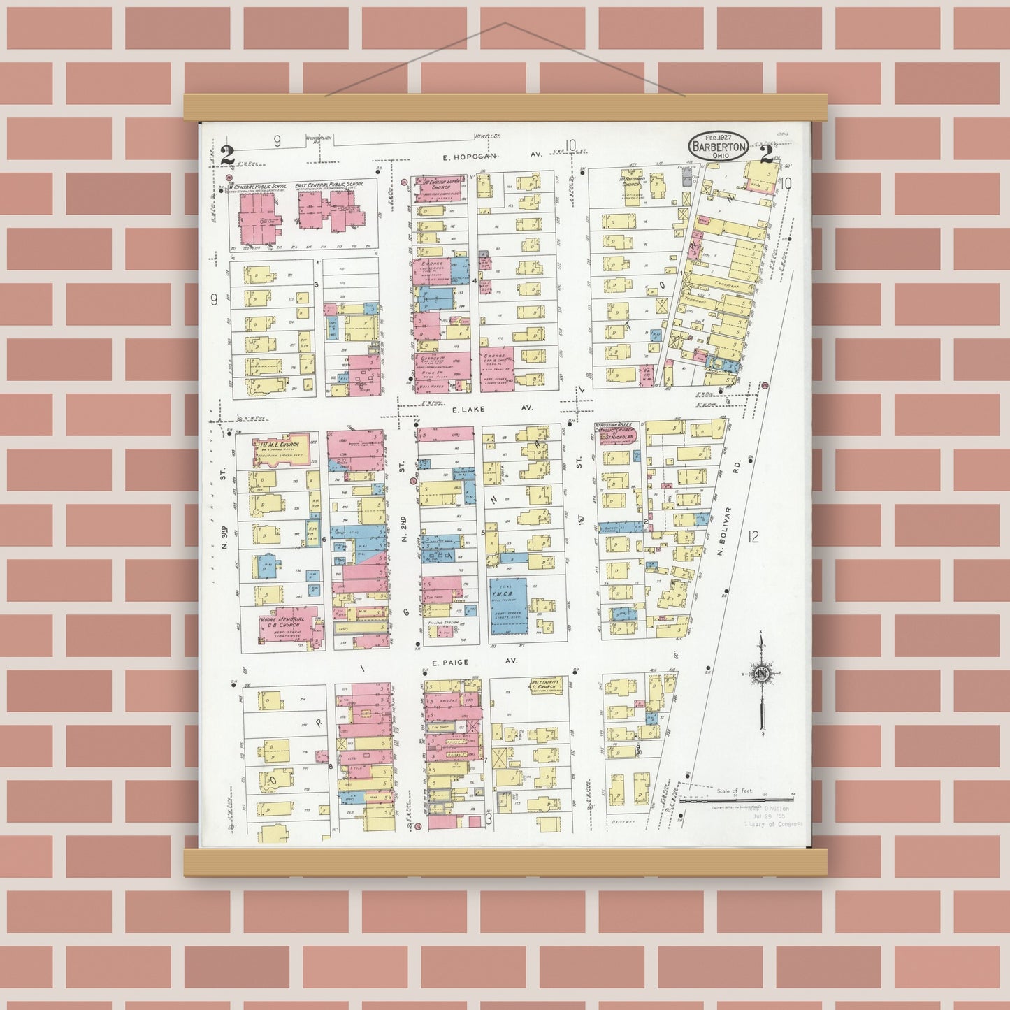 Old map wall art mockup — magnetic wood frame on brick wall — Sanborn Fire Insurance Map from Barberton, Summit County, Ohio (1927), Sheet #0002