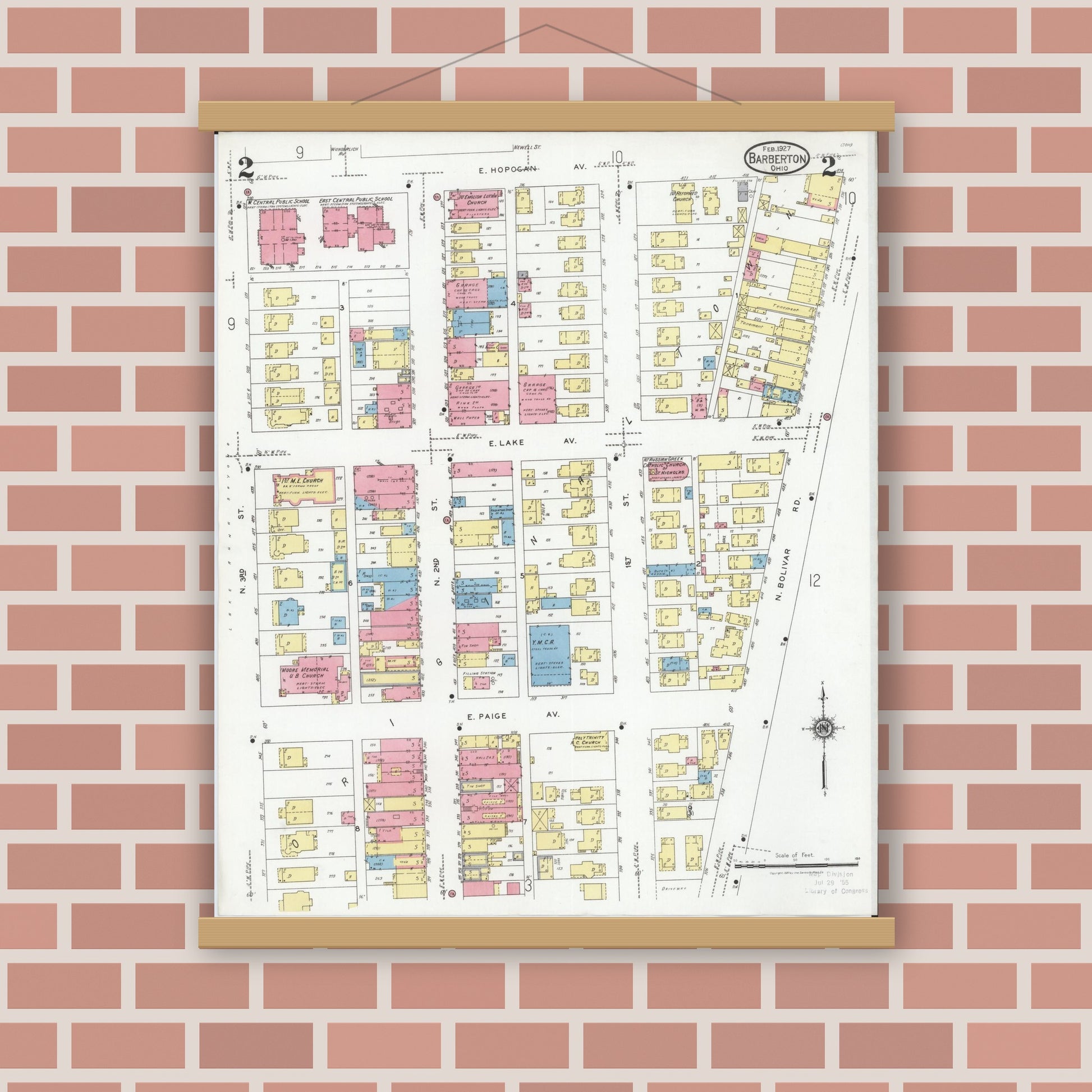 Old map wall art mockup — magnetic wood frame on brick wall — Sanborn Fire Insurance Map from Barberton, Summit County, Ohio (1927), Sheet #0002