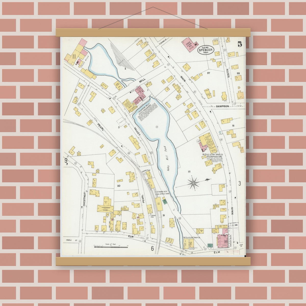 Old map wall art mockup — magnetic wood frame on brick wall — Sanborn Fire Insurance Map from Spencer, Worcester County, Massachusetts (1901), Sheet #0005