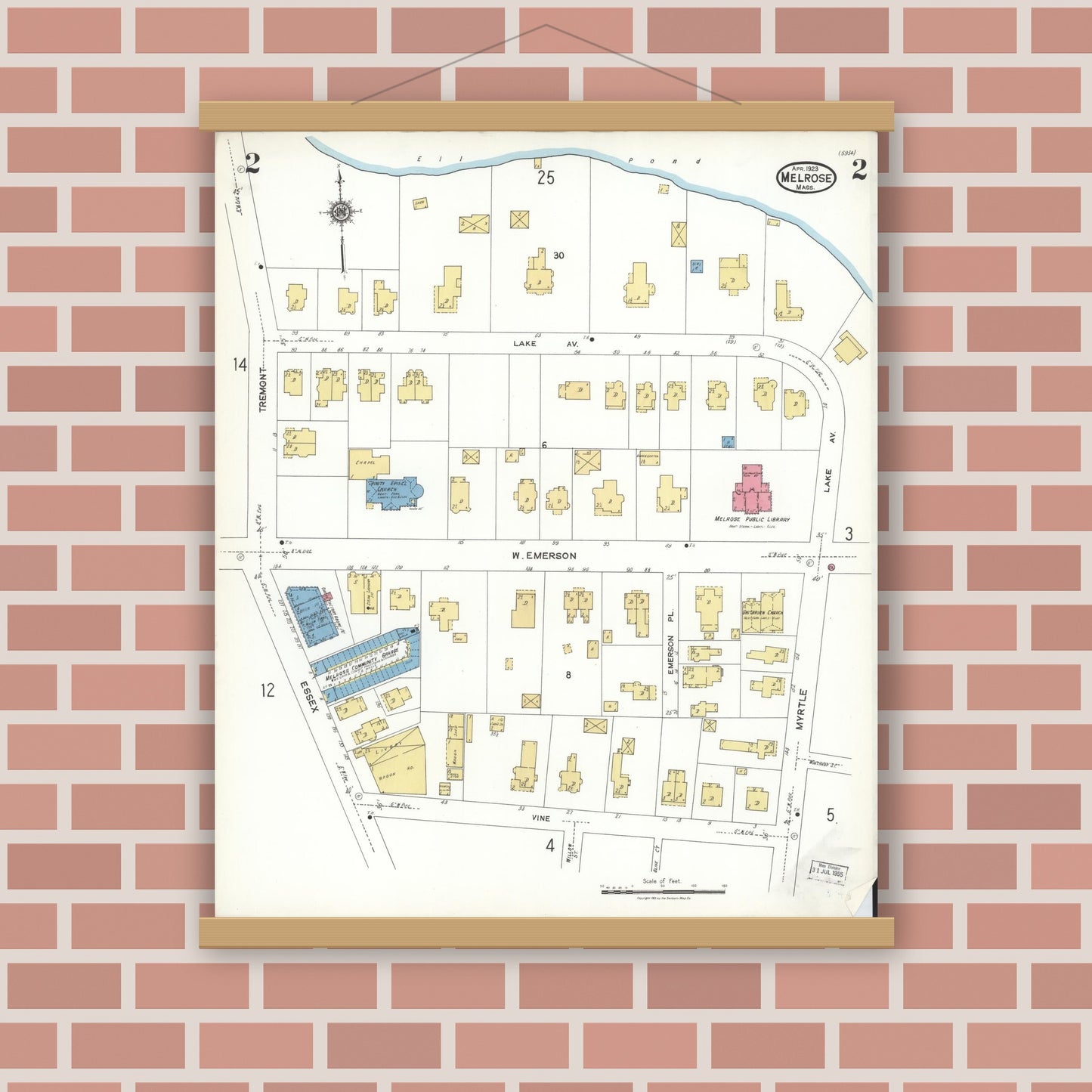 Old map wall art mockup — magnetic wood frame on brick wall — Sanborn Fire Insurance Map from Melrose, Middlesex County, Massachusetts (1923), Sheet #0002