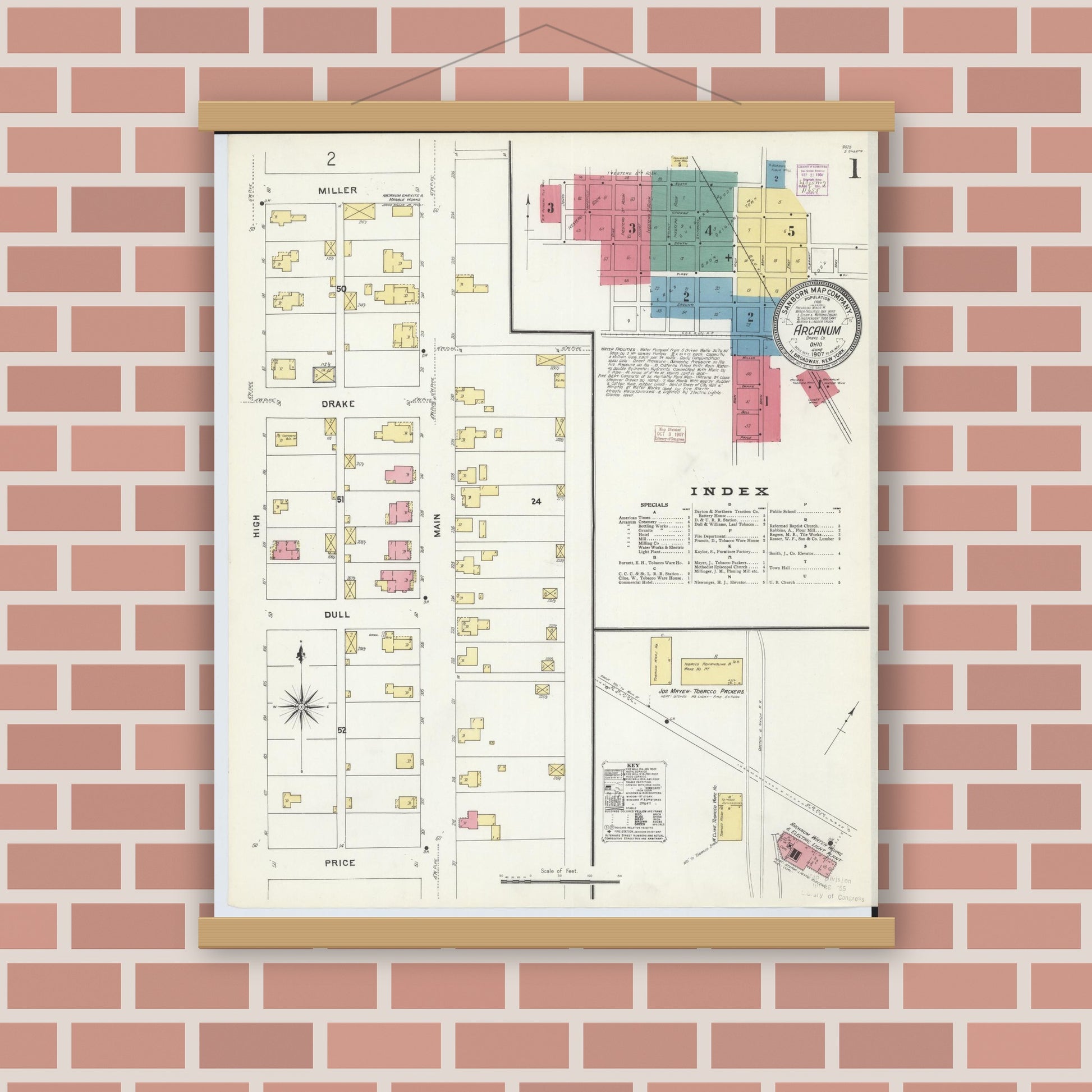 Old map wall art mockup — magnetic wood frame on brick wall — Sanborn Fire Insurance Map from Arcanum, Darke County, Ohio (1907) - Complete Map Set
