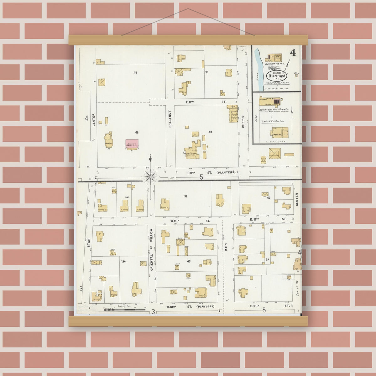 Old map wall art mockup — magnetic wood frame on brick wall — Sanborn Fire Insurance Map from Bonham, Fannin County, Texas (1897), Sheet #0004