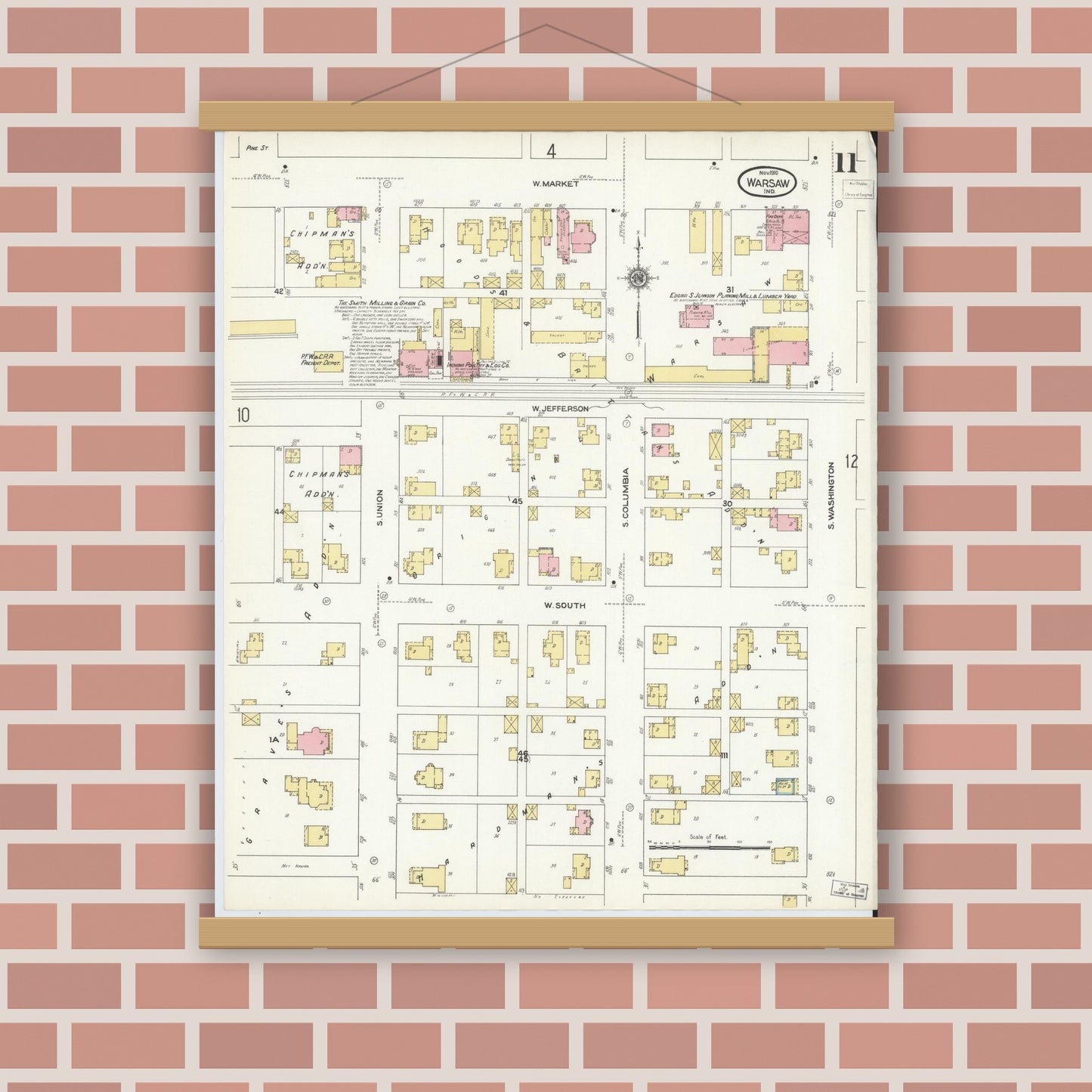 Old map wall art mockup — magnetic wood frame on brick wall — Sanborn Fire Insurance Map from Warsaw, Kosciusko County, Indiana (1910), Sheet #0011