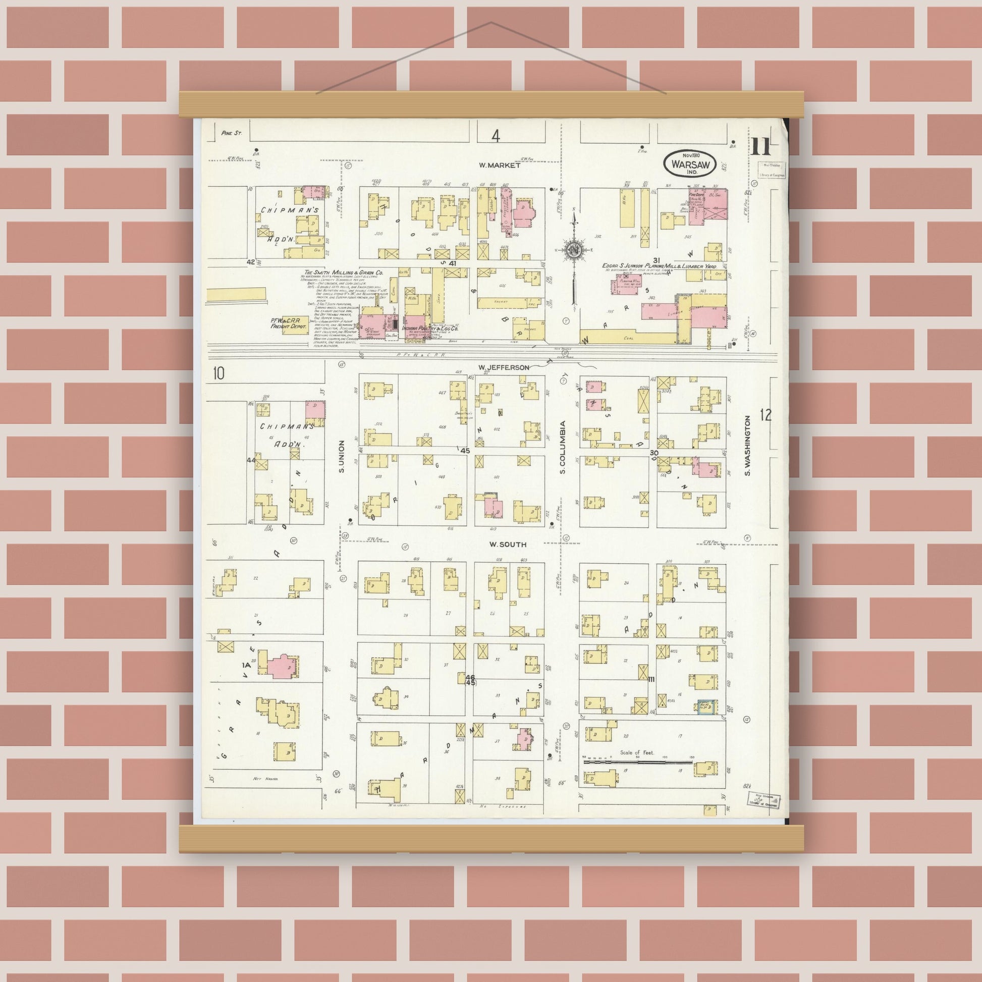Old map wall art mockup — magnetic wood frame on brick wall — Sanborn Fire Insurance Map from Warsaw, Kosciusko County, Indiana (1910), Sheet #0011