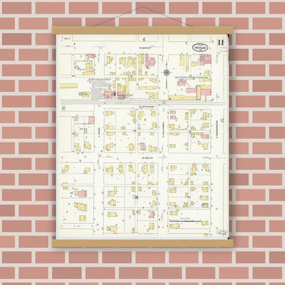 Old map wall art mockup — magnetic wood frame on brick wall — Sanborn Fire Insurance Map from Warsaw, Kosciusko County, Indiana (1910), Sheet #0011