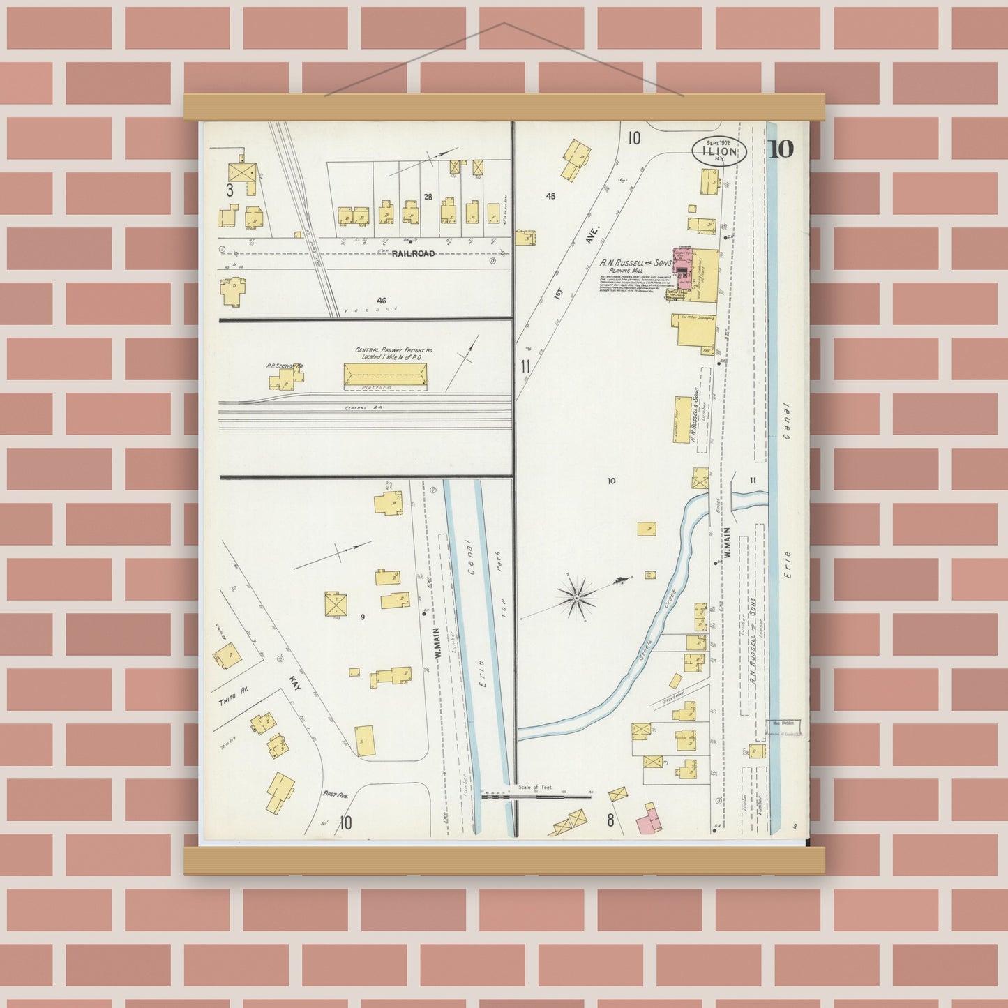 Old map wall art mockup — magnetic wood frame on brick wall — Sanborn Fire Insurance Map from Ilion, Herkimer County, New York (1902), Sheet #0010