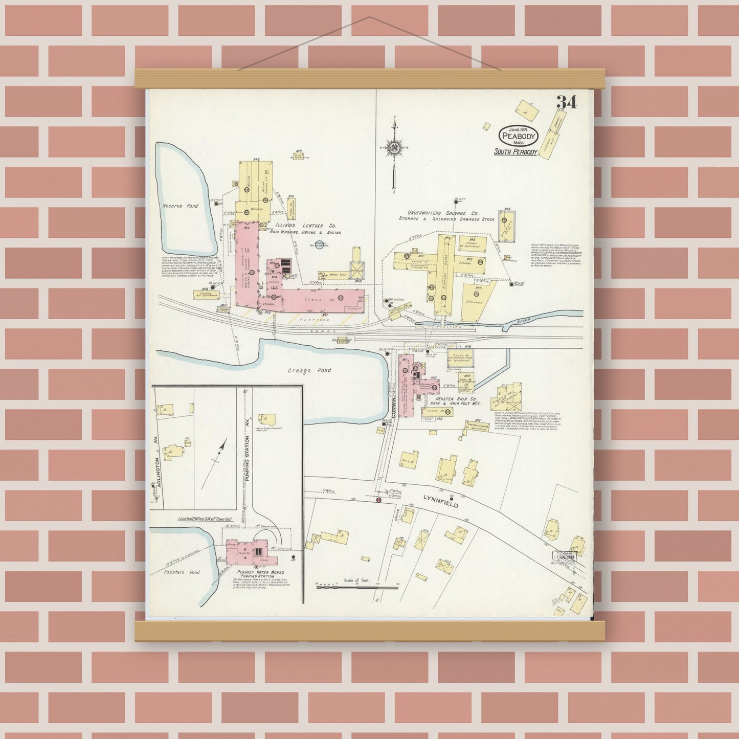 Old map wall art mockup — magnetic wood frame on brick wall — Sanborn Fire Insurance Map from Peabody, Essex County, Massachusetts (1914), Sheet #0034