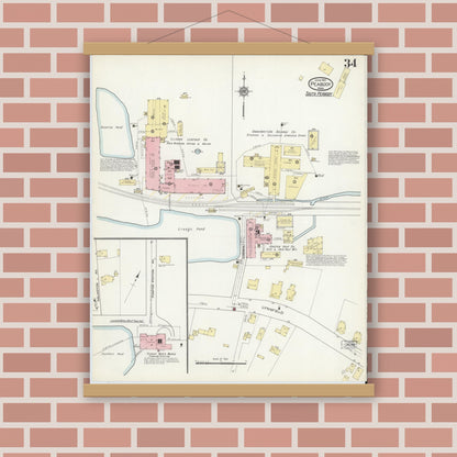 Old map wall art mockup — magnetic wood frame on brick wall — Sanborn Fire Insurance Map from Peabody, Essex County, Massachusetts (1914), Sheet #0034