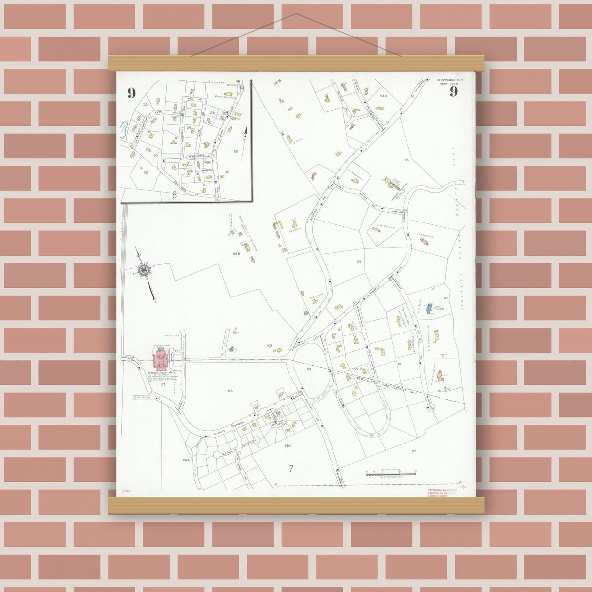 Old map wall art mockup — magnetic wood frame on brick wall — Sanborn Fire Insurance Map from Chappaqua, Westchester County, New York (1939), Sheet #0009