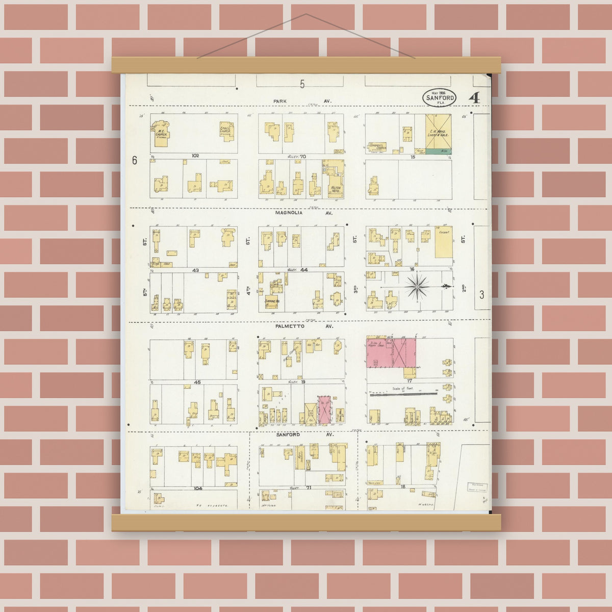 Old map wall art mockup — magnetic wood frame on brick wall — Sanborn Fire Insurance Map from Sanford, Seminole County, Florida (1906), Sheet #0004