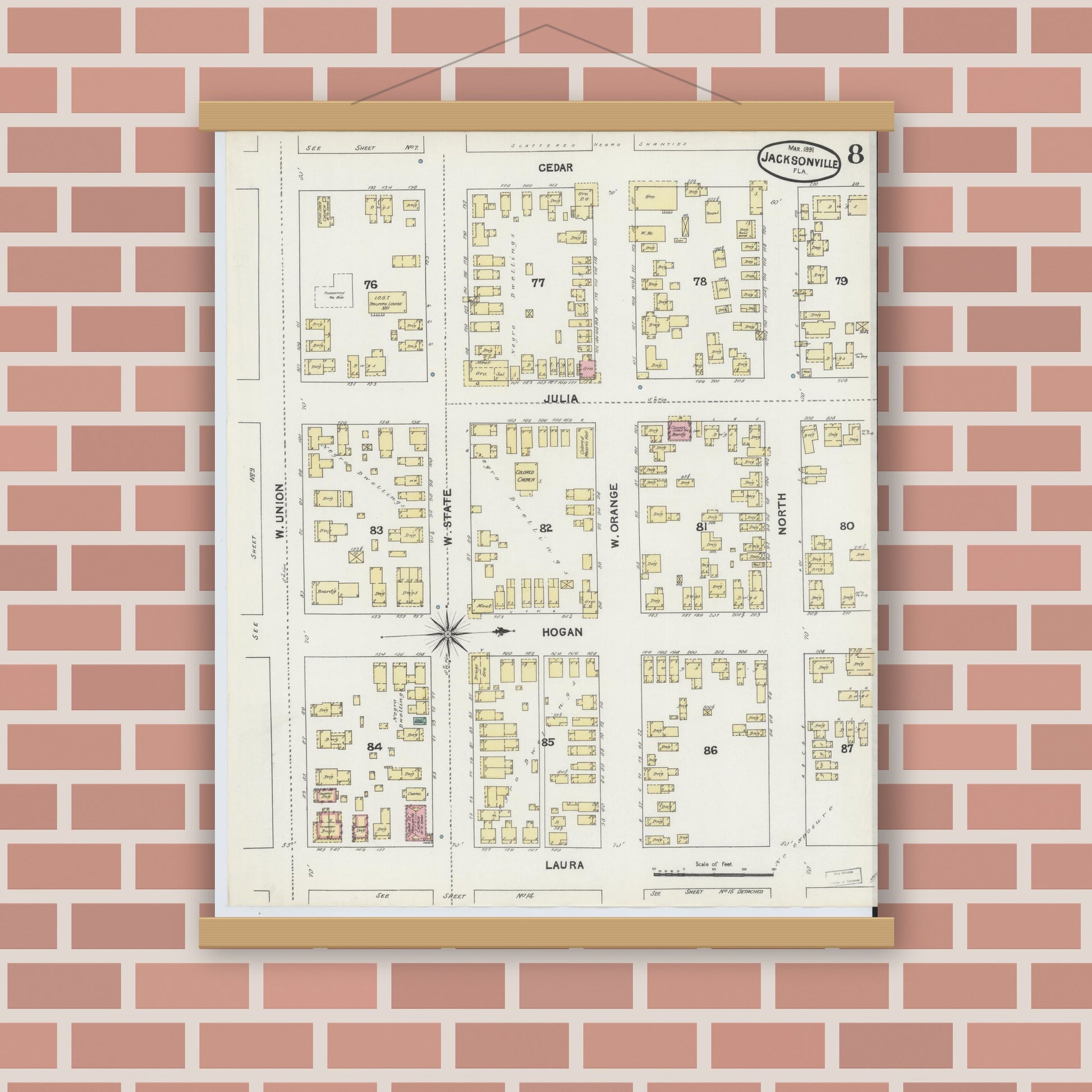 Old map wall art mockup — magnetic wood frame on brick wall — Sanborn Fire Insurance Map from Jacksonville, Duval County, Florida (1891), Sheet #0008