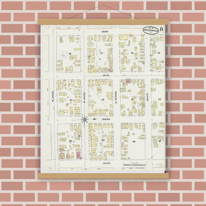 Old map wall art mockup — magnetic wood frame on brick wall — Sanborn Fire Insurance Map from Jacksonville, Duval County, Florida (1891), Sheet #0008