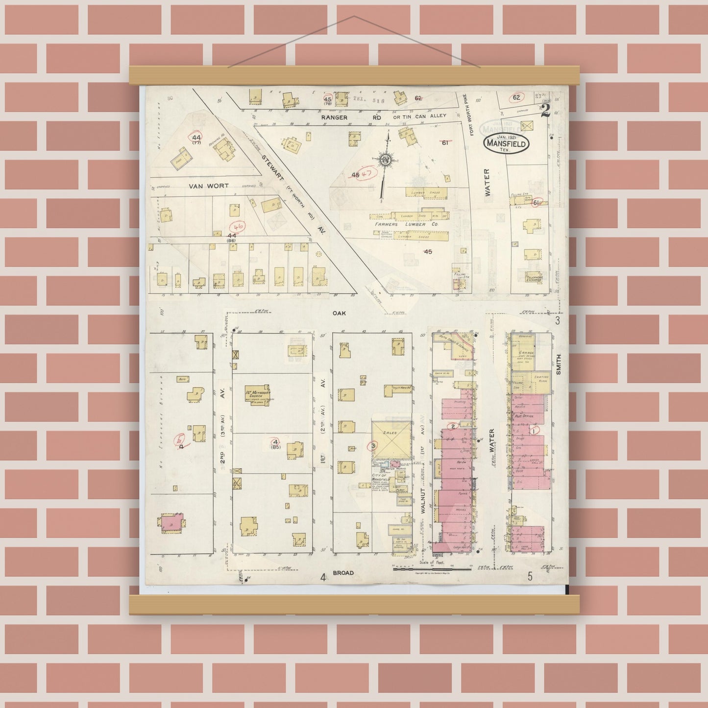 Old map wall art mockup — magnetic wood frame on brick wall — Sanborn Fire Insurance Map from Mansfield, Tarrant County, Texas (1933), Sheet #0002
